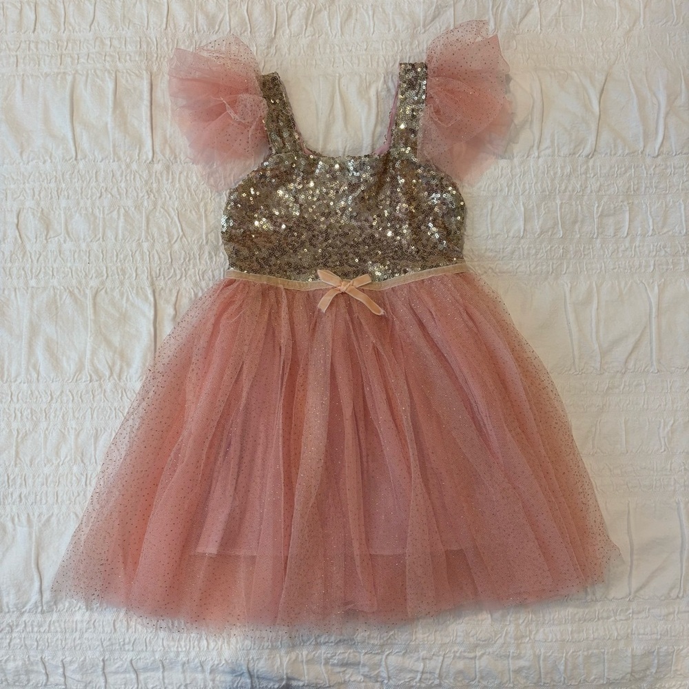 Girls Sequin Tulle formal dress, Pink &  Gold. Wedding, Flower Girl, Pageant 3T